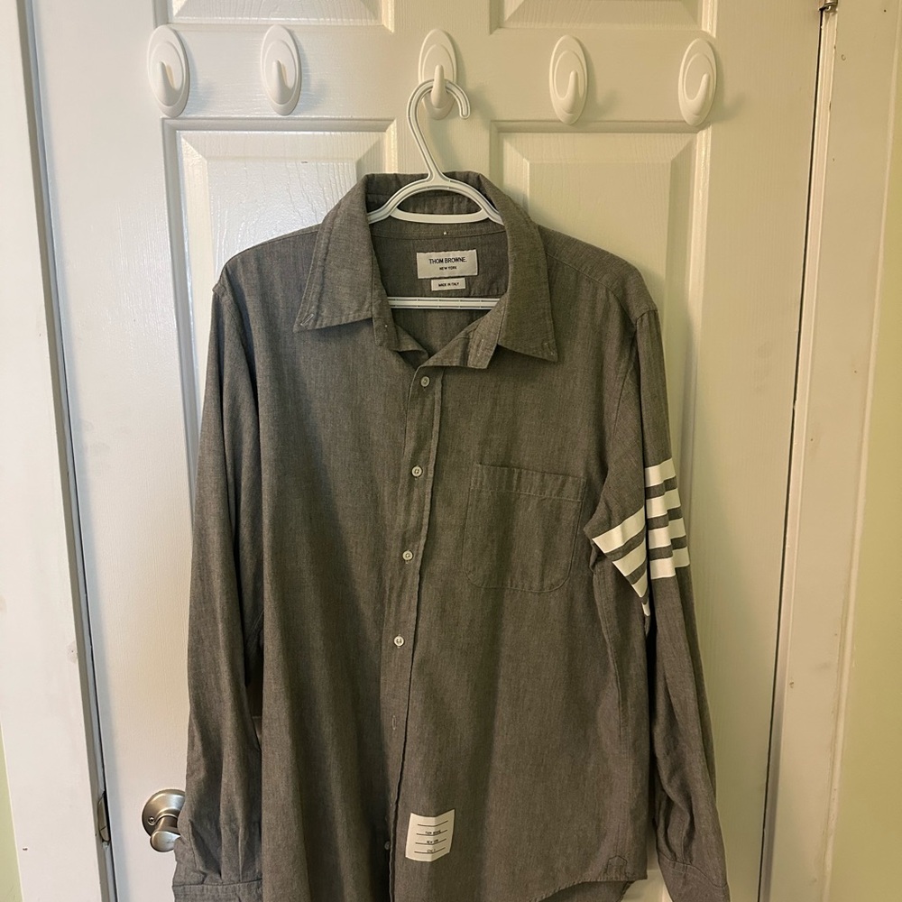 Thom Browne Charcoal Shirt with White Arm Stripes